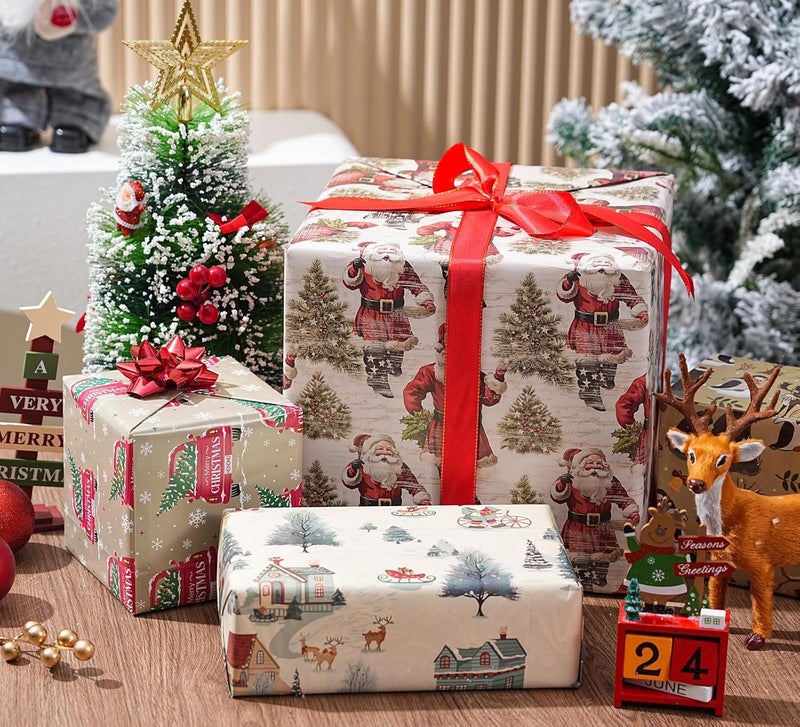 ZINTBIAL Vintage Christmas Wrapping Paper for Kids Adults - Xmas Wrapping Paper with Retro Santa, Red Truck, Woodland Animals, Country Scene Designs - 28 x 40 Inches, 6 Jumbo Sheets - Easy to Store - Image 4